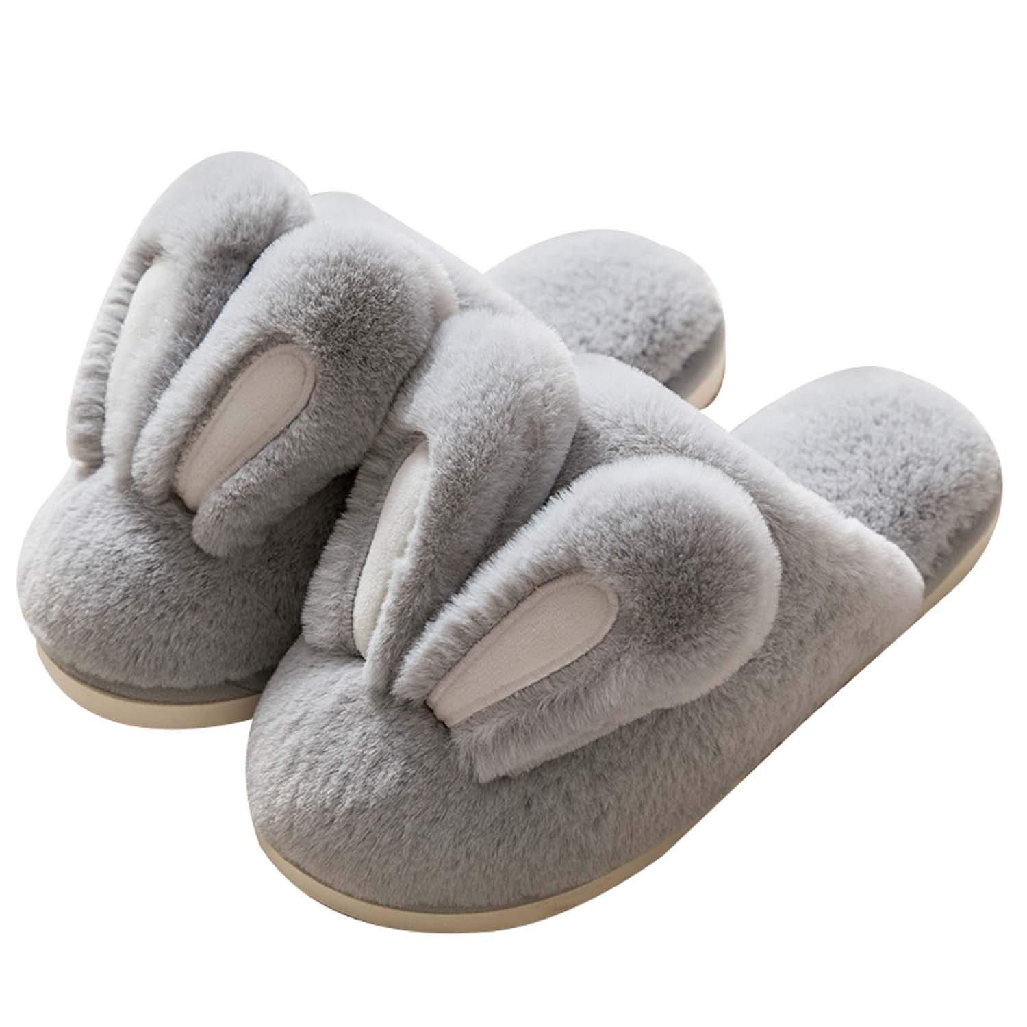 Hopelong Women Slippers, Cute Rabbit Ears Plush House Slippers for Women,Non-Slip Fluffy Slippers Indoor Warm Plush Animal Slippers - 10.5-11 Grey