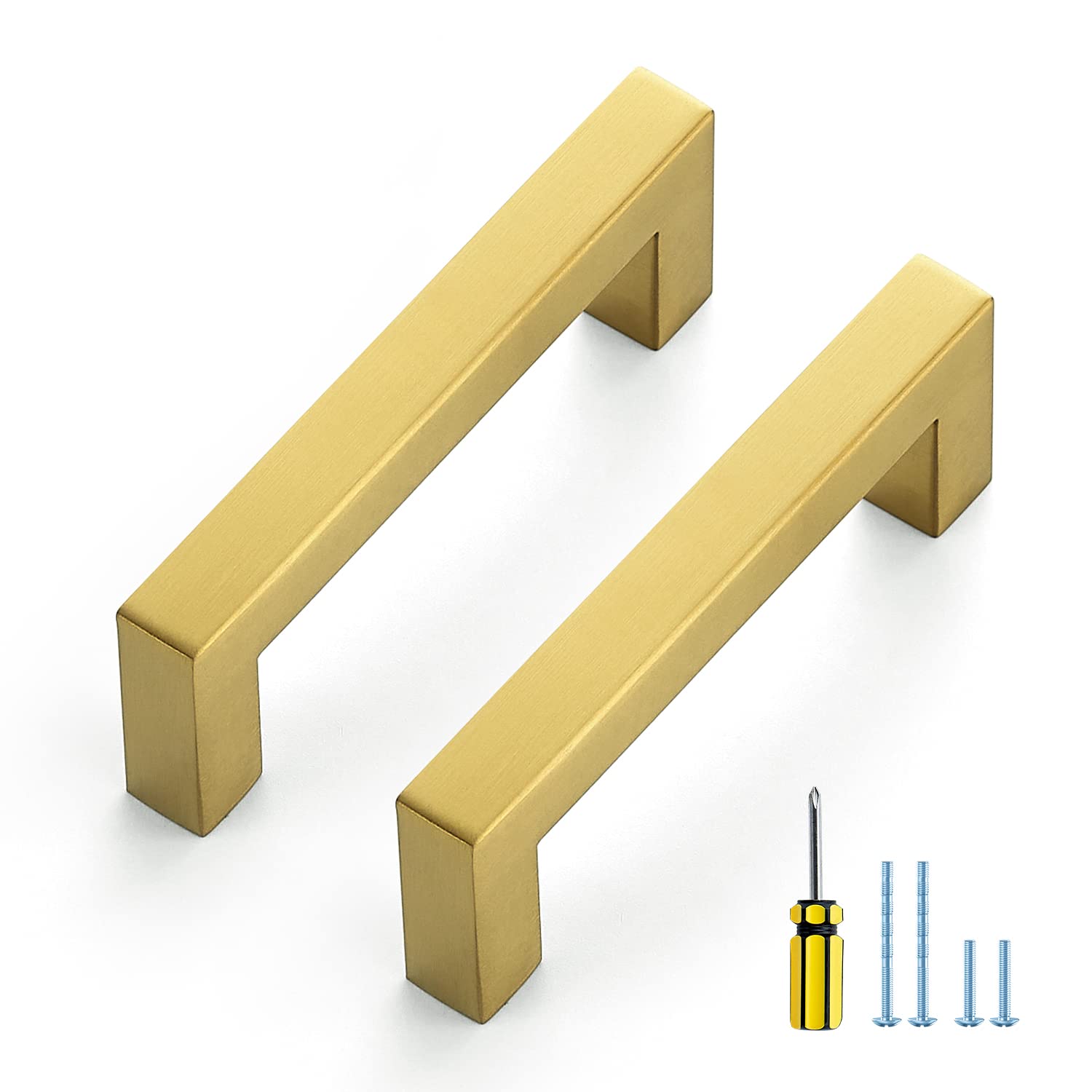 Photo 1 of Ravinte 10 Pack Gold Cabinet Pulls 3-1/2 Inch Brushed Brass Kitchen Cabinet Handles Gold Square Kitchen Hardware for Drawer Pulls Come with Screwdriver
