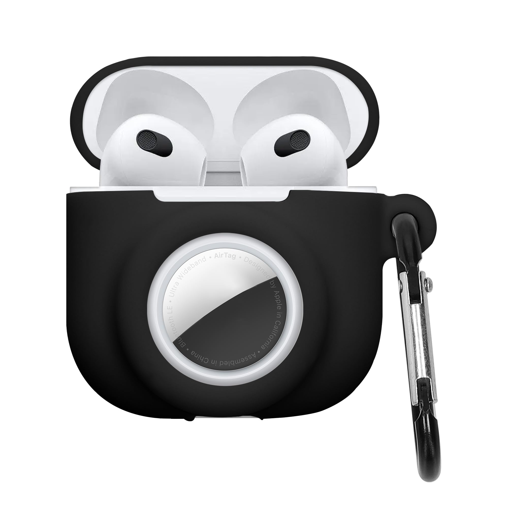 kwmobile Case Compatible with Apple Airpods 4 - Silicone Cover Compatible with AirTag - Storage with Carabiner - Black