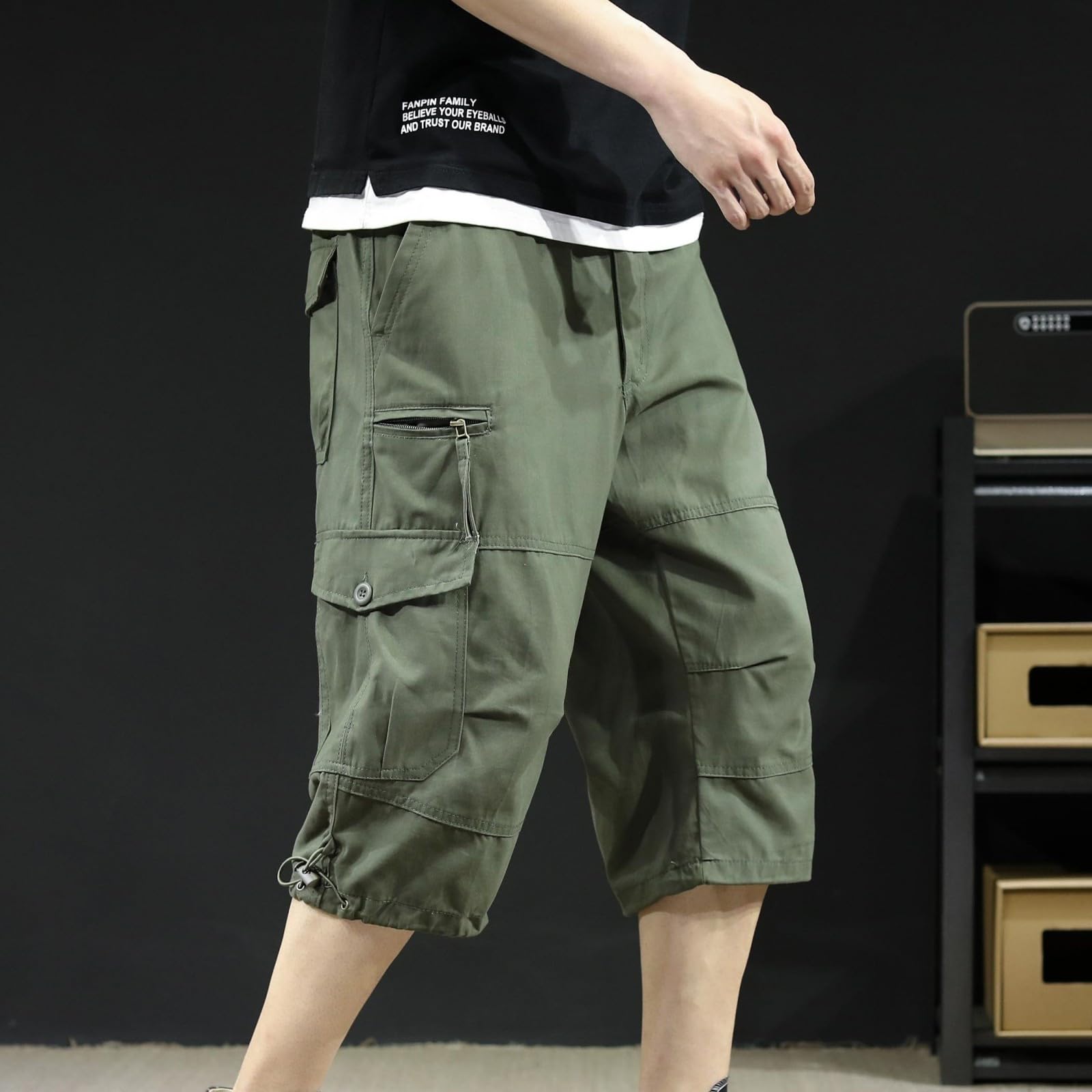 Pantalon 3/4 en coton léger pour homme - Grandes tailles - Couleur unie - Pantalon cargo d'extérieur - Pantacourt