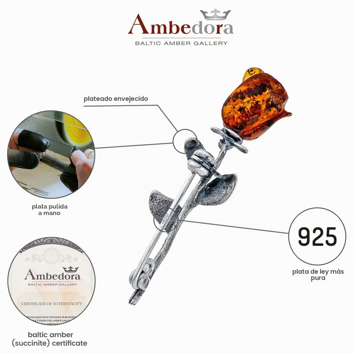 Broche para mujer, plata 925 oxidada, ámbar roslein tallado a mano, pequeño broche de plata con rosa ámbar en color coñac 2g, Plata esterlina, Ámbar