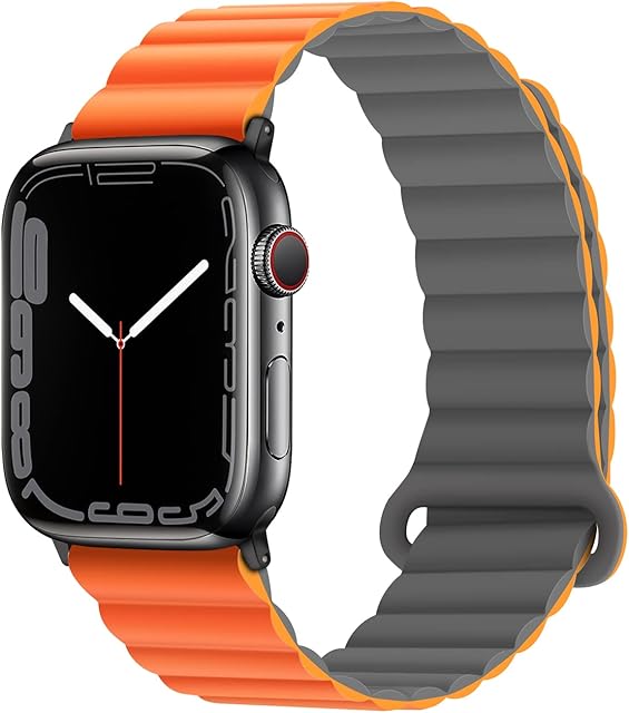 Anlinser Straps Compatible with Apple Watch Strap 45mm 44mm 42mm 41mm 40mm 38mm, Double Side Reversible Magnetic Band with Loop for iWatch SE Series 8 7 6 5 4 3 2 1 (45mm/44mm/42mm, Gray/Orange)
