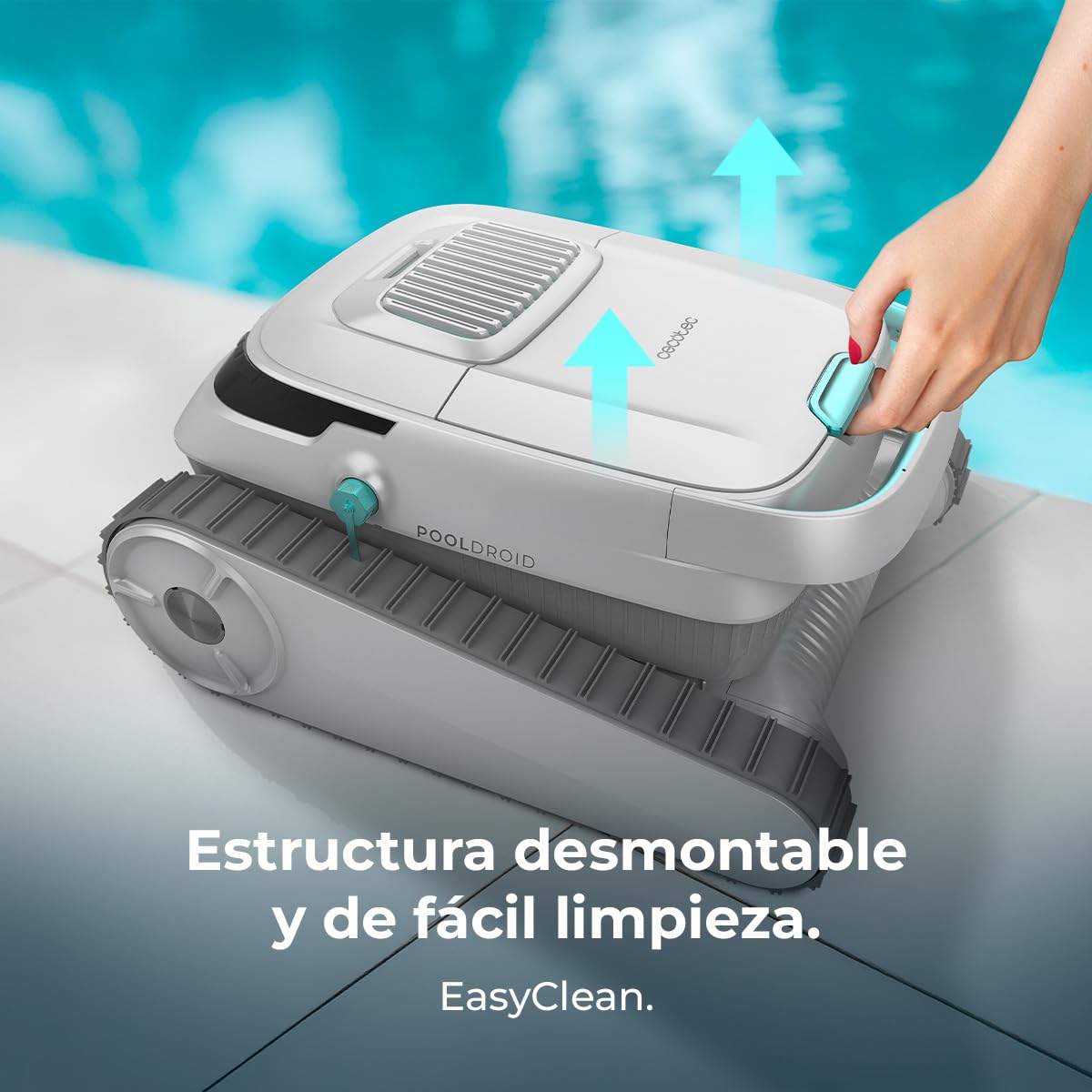 Cecotec Robot Limpiapiscinas para Fondos, Paredes y Línea de Flotación Conga Pooldroid 5000 TotalClean Pearl. Superficies 100m2, Pendiente Máx 90º, Autonomía 120mins, Filtro Alta Eficiencia 180μm, 4L