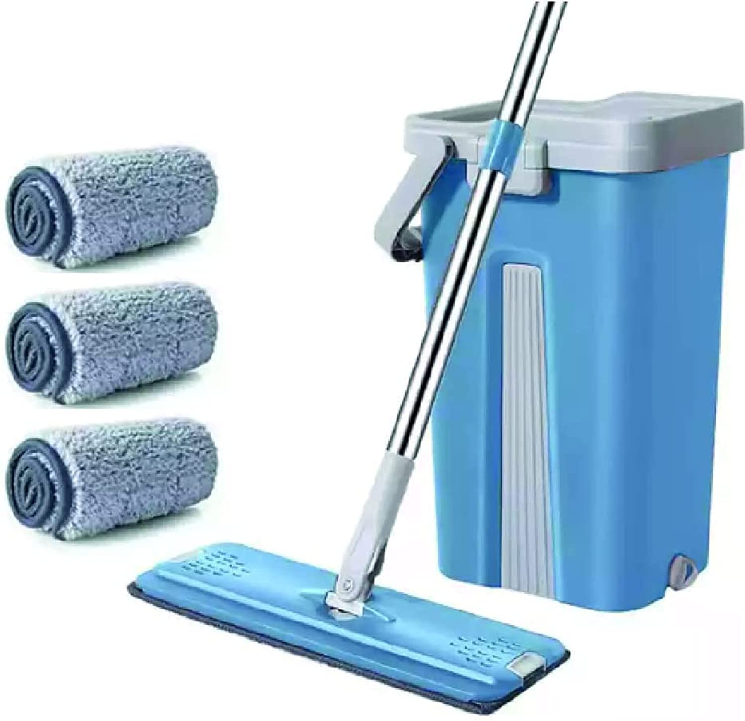 Dreamons link Flat Mop with Bucket, Cleaning Squeeze Hand Free Floor Mop, 3 Reusable Mop Pads, Stainless Steel Handle,360° Rotating Head Squeeze Flat Mop (mop)