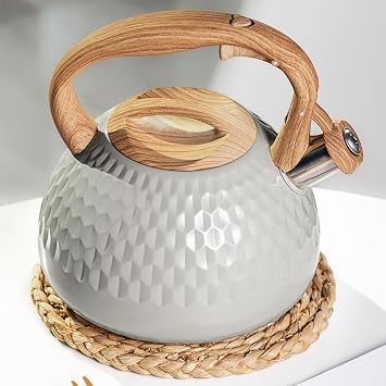 Stove Top Kettle, 2.7 Quart Whistling Kettle for Gas Hob with Wood Pattern Handle Loud Whistle Food Grade Stainless Steel Kettle Cream, Anti-Hot Handle and Anti-Rust, Suitable for All Heat Sources