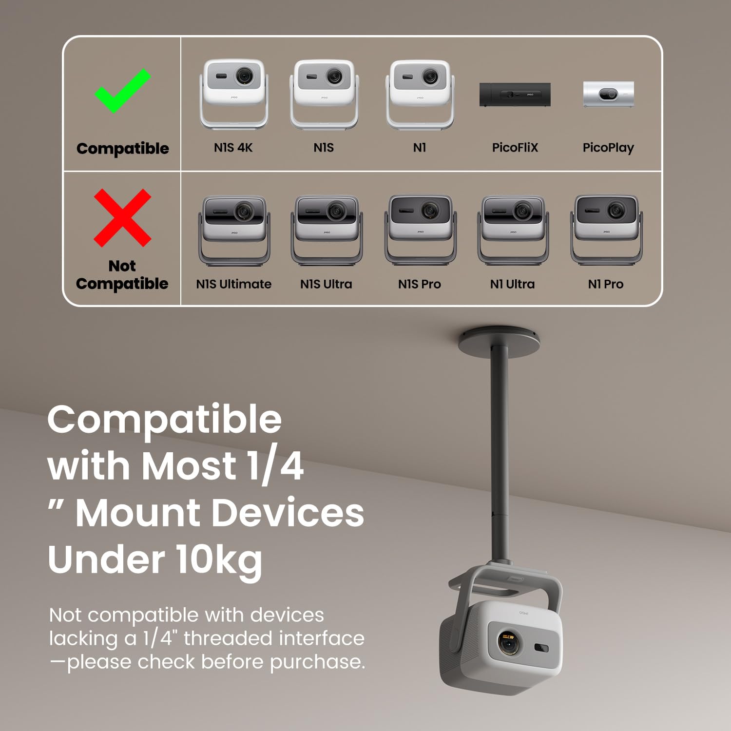 JmGO Deckenhalterung für N1S 4K / PicoPlay / N1S 1080P / PicoFlix / N1, Aluminium in Luftfahrtqualität, individuelles Design, einfache Montage, Zwei Höhenoptionen (100/300 mm), 10kg Tragkraft