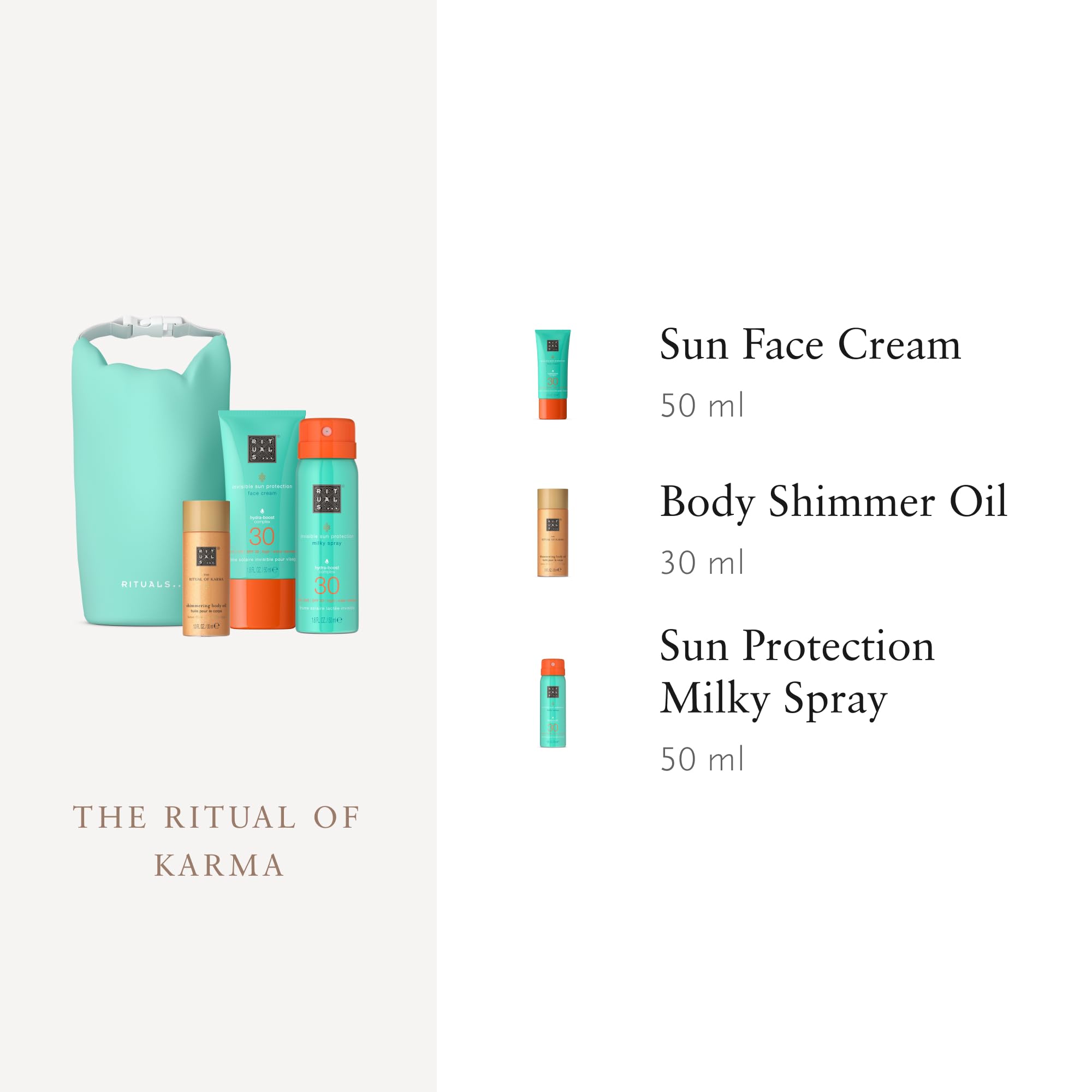 Rituals The Ritual of Karma | Sommertrio | Gesichtssonnenschutz mit LSF 30, Sonnenschutzspray mit LSF 30 und schimmerndes Körperöl | Geschenkset mit Lotus und weißem Tee