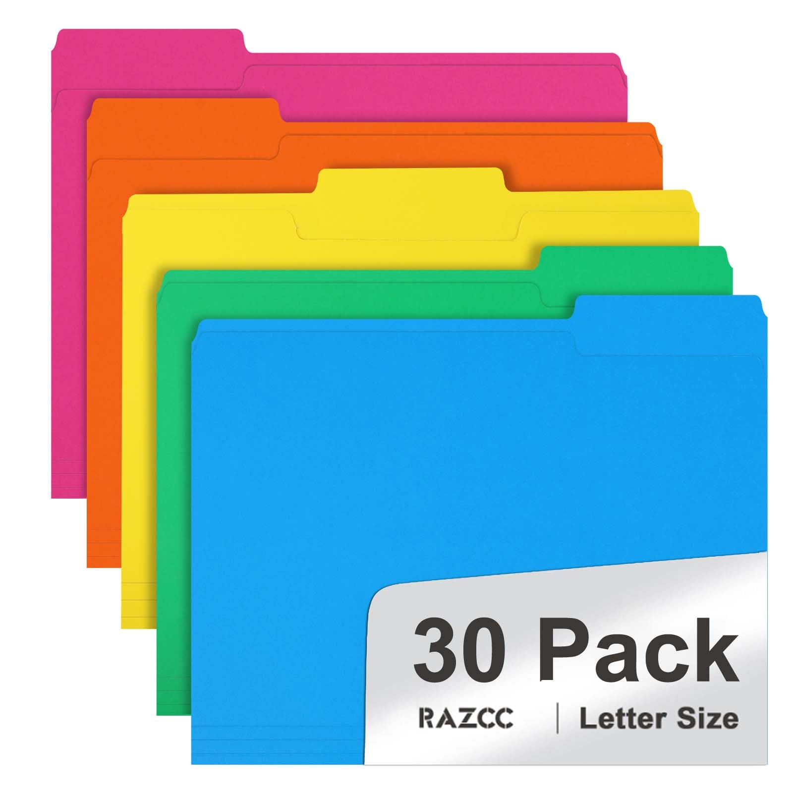 RAZCC Teczka na dokumenty, 30 sztuk 1/3 wyciętych zakładek, kolorowe foldery na dokumenty, rozmiar listów do biura klasy, różne foldery w 5 kolorach z zakładkami