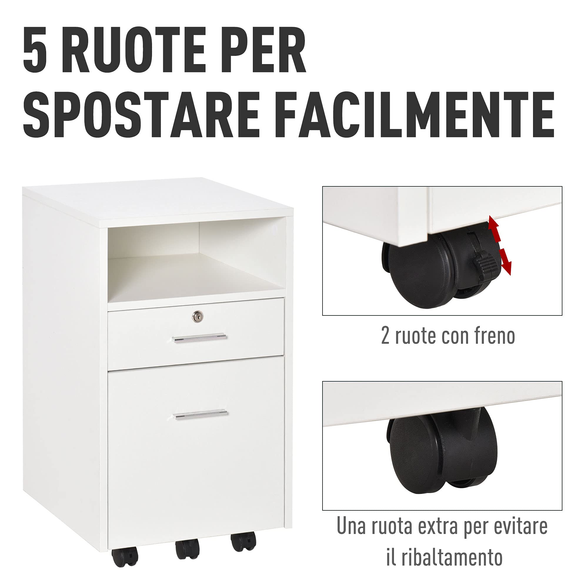 Vinsetto Schedario da Ufficio con 2 Cassetti, 5 Ruote e Ripiano Aperto, Cassettiera Ufficio con Serratura e 2 Chiavi per Lettera/Formato A4, Armadietto Verticale per Studio, 39x40x65 cm, Bianco