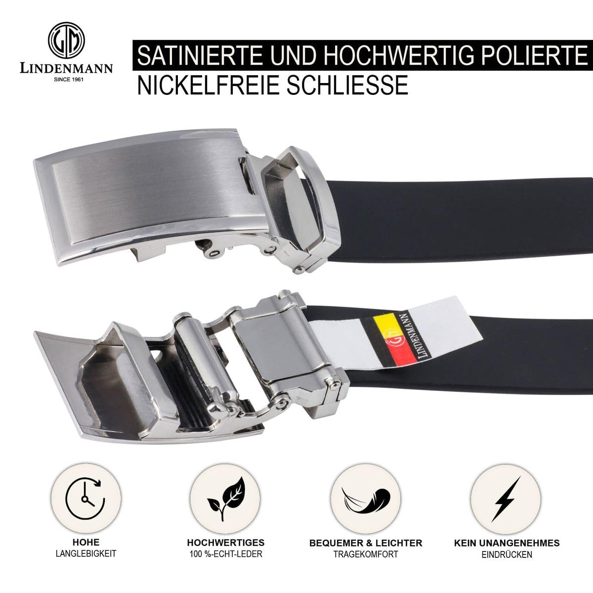 LINDENMANN skórzany pasek dla mężczyzn skórzany pasek ze skóry bydlęcej, 33 mm szerokości i 3,6 mm mocy, regulowany, pasek, skórzany pasek, klasyczny pasek, automatyczne blokowanie, czarny