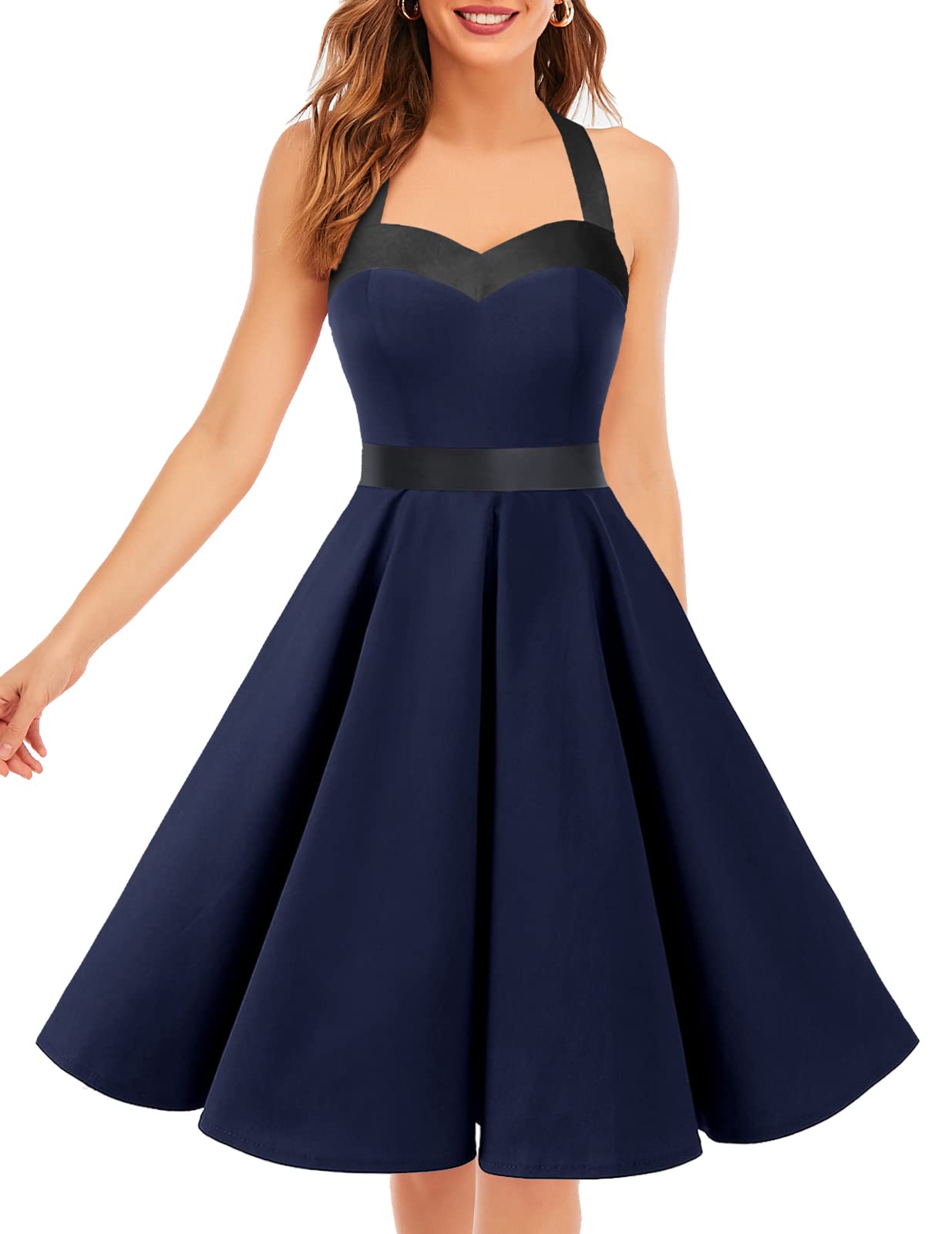 DRESSTELLS Women's Pinup Cocktail Party Vintage Sweetheart Collar Halter 1950s Rockabilly Swing Dress