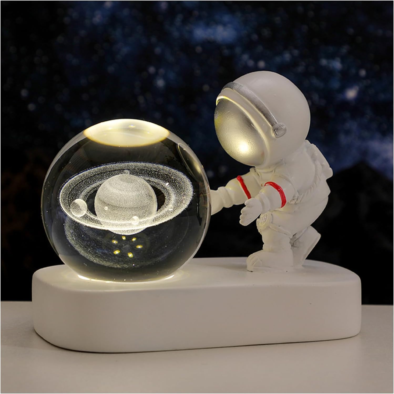 Coyoohouse Glowing Crystal Ball 3D Inner Carved Small Crystal Light with Astronaut, Decorative Creative Gift Luminous Ball for Christmas Classmates and Kids Birthday (Silver, Saturn)