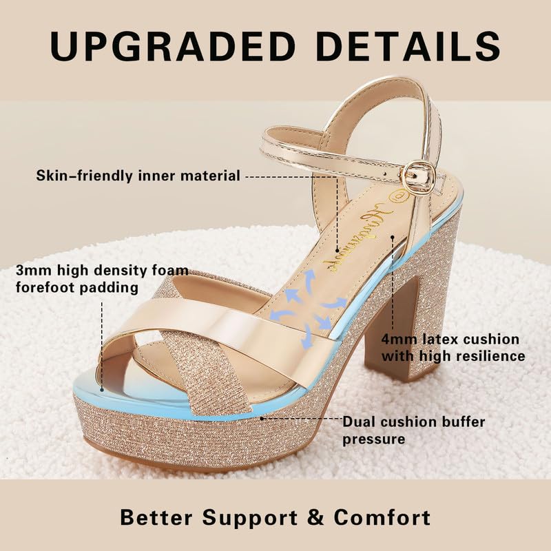 Womens Sparkly Platform Dress Sandals for Women Chunky Block Heel 3.8 Inch High Heels Open Toe with Strap for Women Comfortable Sexy Dressy Prom Wedding Party Evening Shoes3
