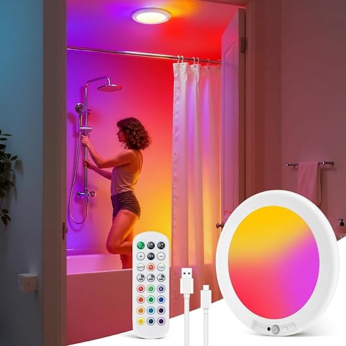 wowatt Luz de ducha recargable con control remoto, cambio de colores RGB y luz blanca para ducha, luces de ducha para ducha interior con sensor de