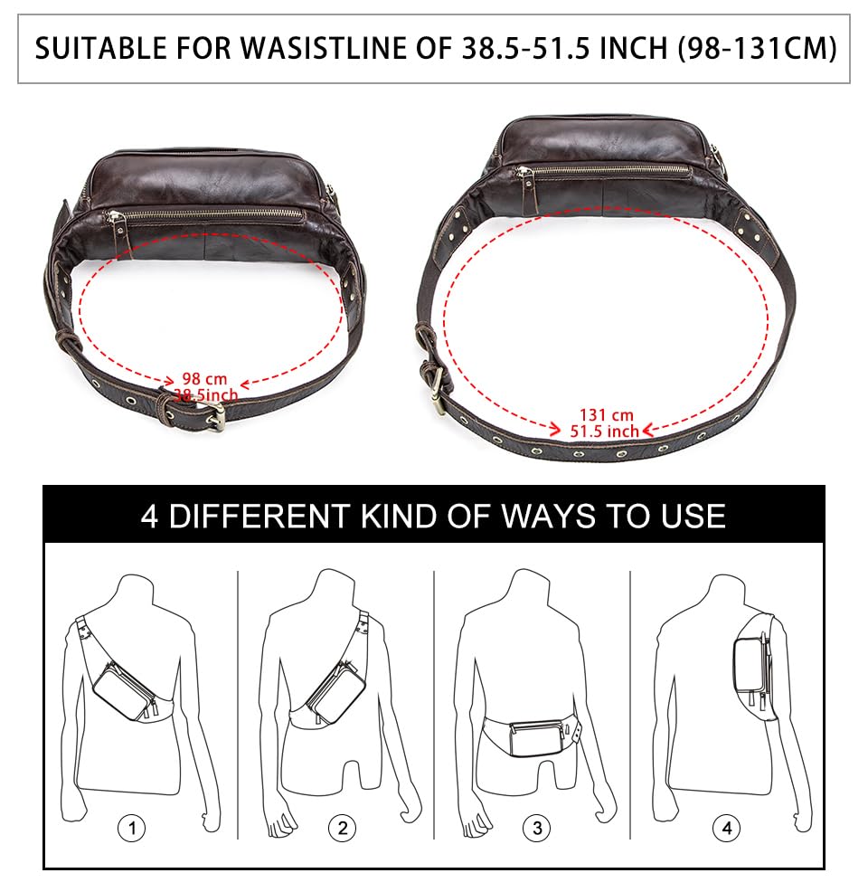 Image of Genuine Leather Crossbody Waist Bag Coin Purse Phone Wallet Adjustable Waist Bag with Zipper Dark Brown