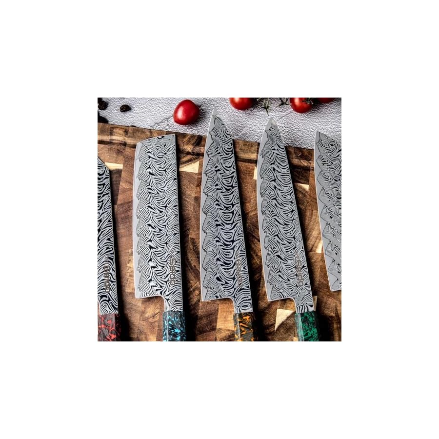 Epokishi 5-Piece AUS-10 Damascus Knife Set – Premium Japanese Chef Knives with Resin & Carbon Fiber Handles – Includes Gyuto, Santoku, Nakiri, Bunka, and Kiritsuke