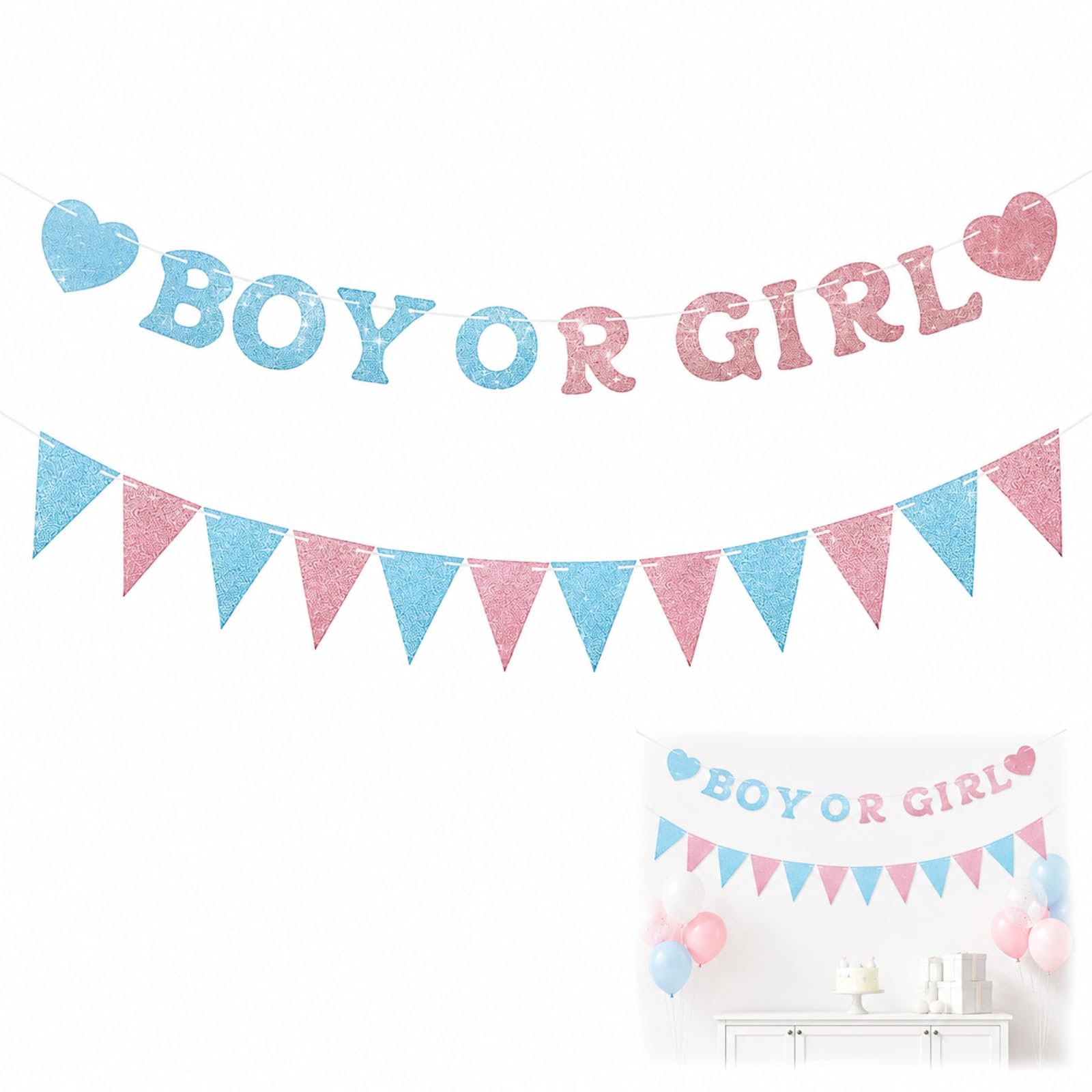 Boy or Girl Gender Reveal Banner Pink and Blue Bunting Garland Premium Glitter Cardstock With Ribbon for Baby Shower Photo Backdrop Props Supplies Expectant Parents