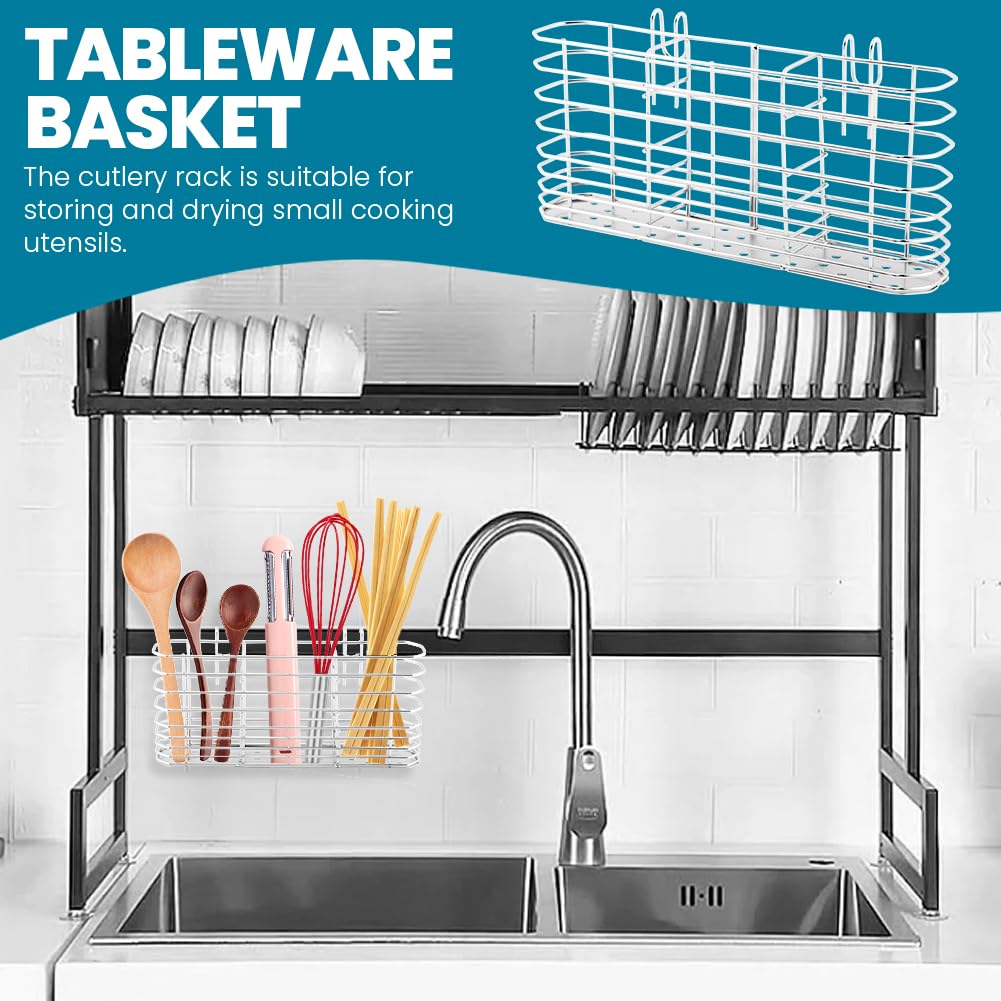 Soporte para utensilios de acero inoxidable 304, escurridor de platos con ganchos, soporte para utensilios para fregadero, cuchillo y tenedor, accesorios de cesta de drenaje de cocina (plateado