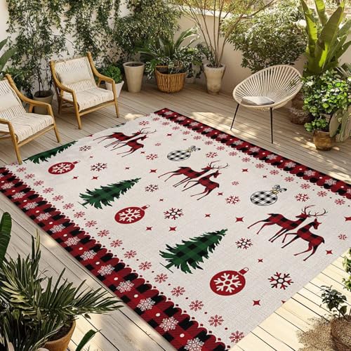 Outdoor Rug 6x9ft Christmas Elk Snowflake Red Buffalo Plaid Large Patio Mats Xmas Tree Light Bulbs Retro Linen Area Rug Non Shedding Carpet for Patio Backyard Porch Deck Camping Indoor Living Room