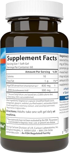 Miniatura 2 de Carlson - DHA vegetariano, 500 mg de DHA, a base de plantas, de origen sostenible de algas, apoyo cerebral, salud del estado de ánimo, 60 cápsulas