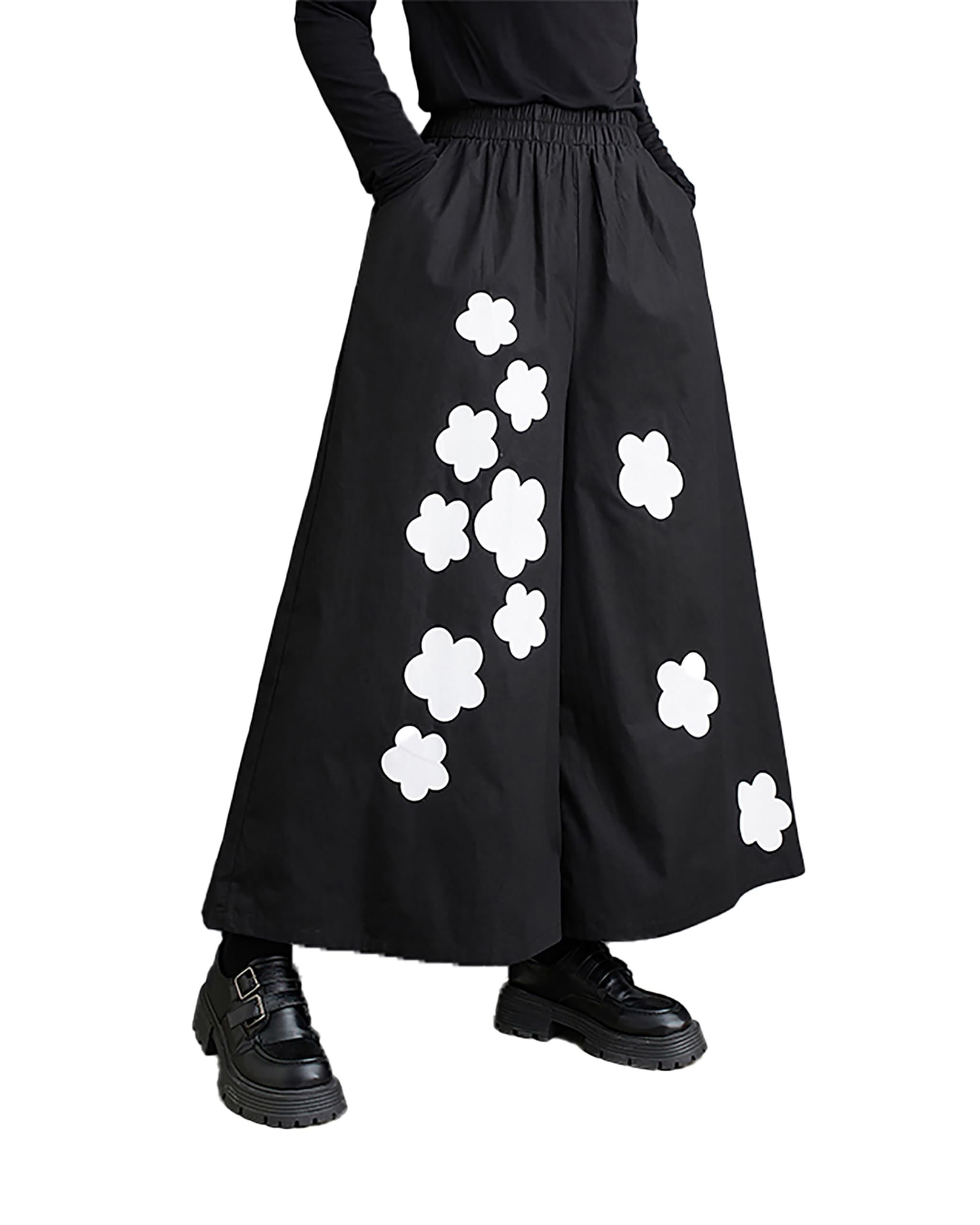 ellazhu Womens Pants Elastic Waist Pocket Wide Leg Flowy Hem Black Pattern Baggy Loose GZ329
