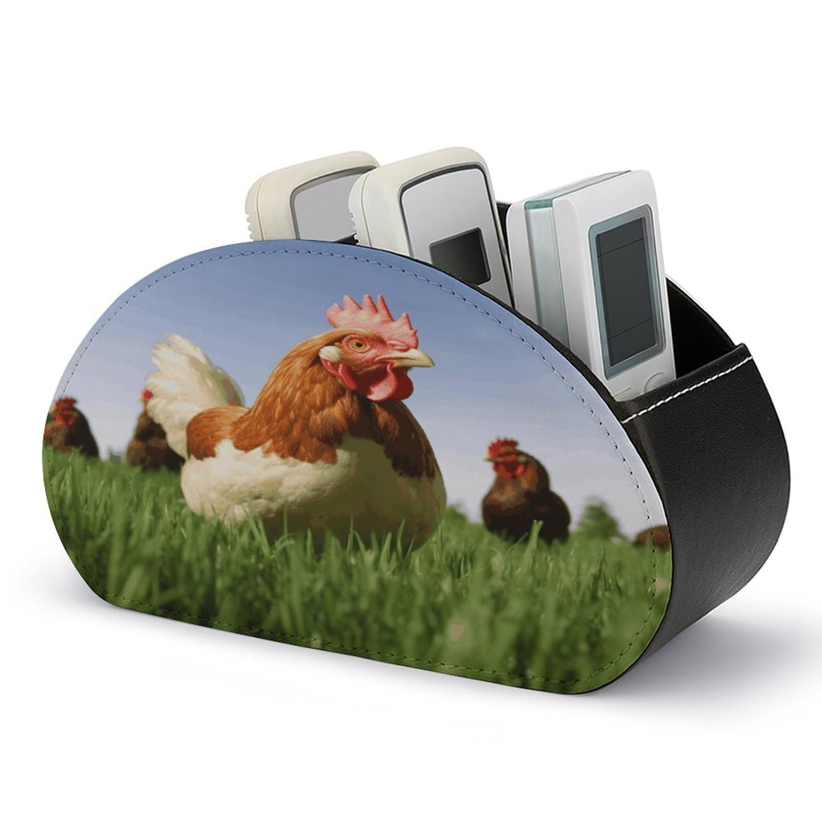 FodPand Funny Chicken Grass Remote Control Holders PU Leather Remote Caddy Desktop Organizer with 5 Compartments TV Remote Holder Box Tray for Bedside Table Office Desk Accessories&Gift