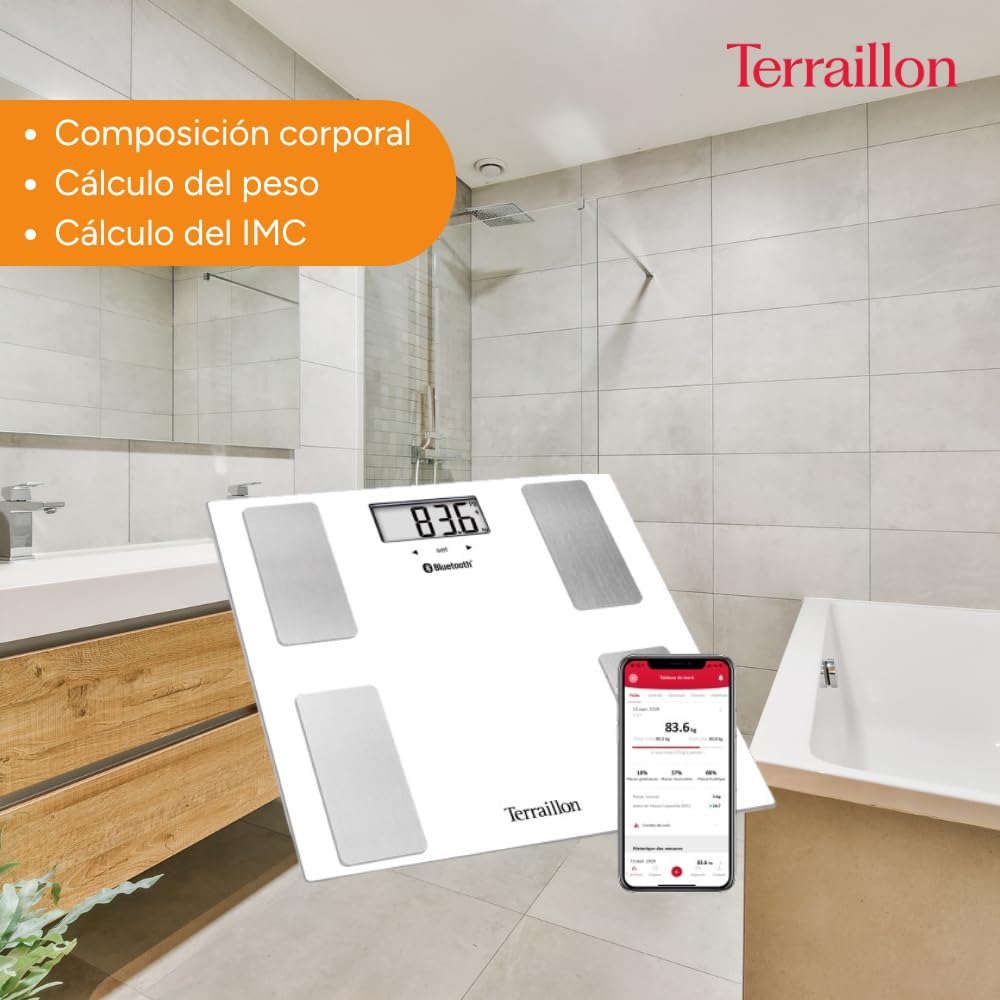 TERRAILLON Báscula de Baño Conectada SMART CONNECT - IMC - 8 Usuarios - Bluetooth Low Energy - Capacidad 160Kg - Blanco