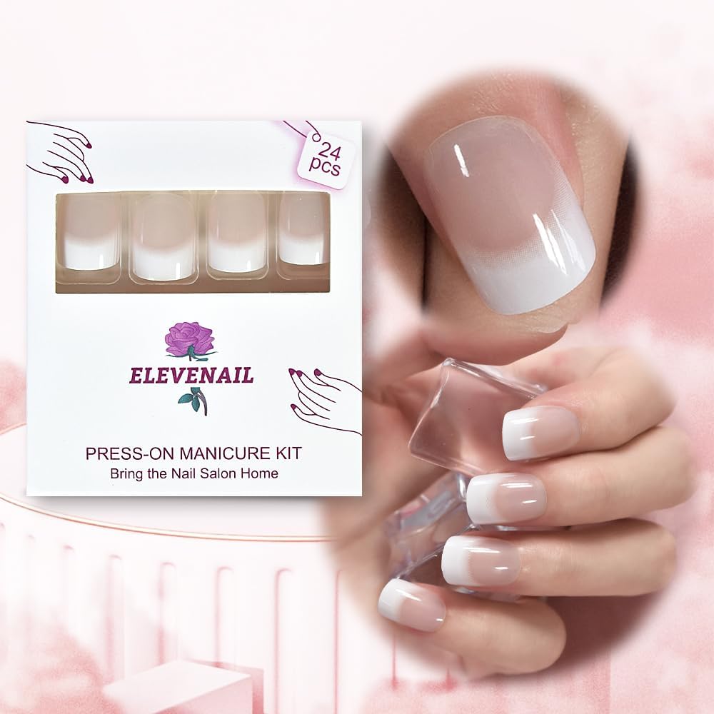ELEVENAIL Uñas postizas postizas cortas cuadradas cuadradas blancas naturales a presión, uñas postizas postizas para salón de manicura, reutilizables, para uso diario, oficina, hogar