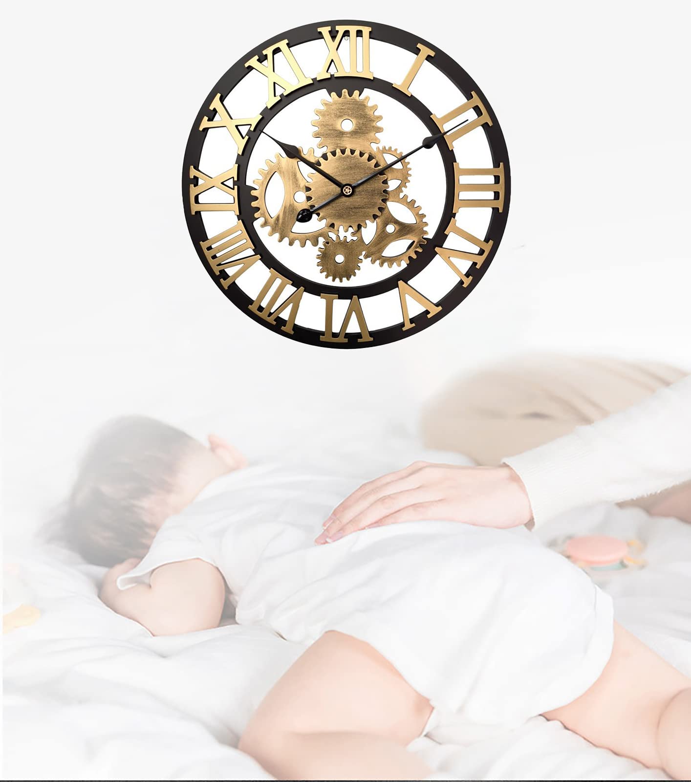 Reloj de pared, reloj de pared con engranajes móviles grandes, silencioso, funciona con pilas, estilo industrial retro, plateado para restaurantes, cafeterías, bares, salas de estar y otros lugares