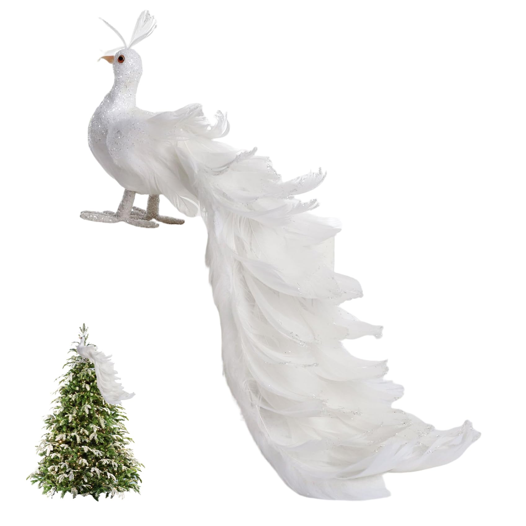 Peacock Decor, 15 Inch White Peacock Christmas Tree Topper with Natural Feathers and Long Tail for Christmas Tree Decorations Decor