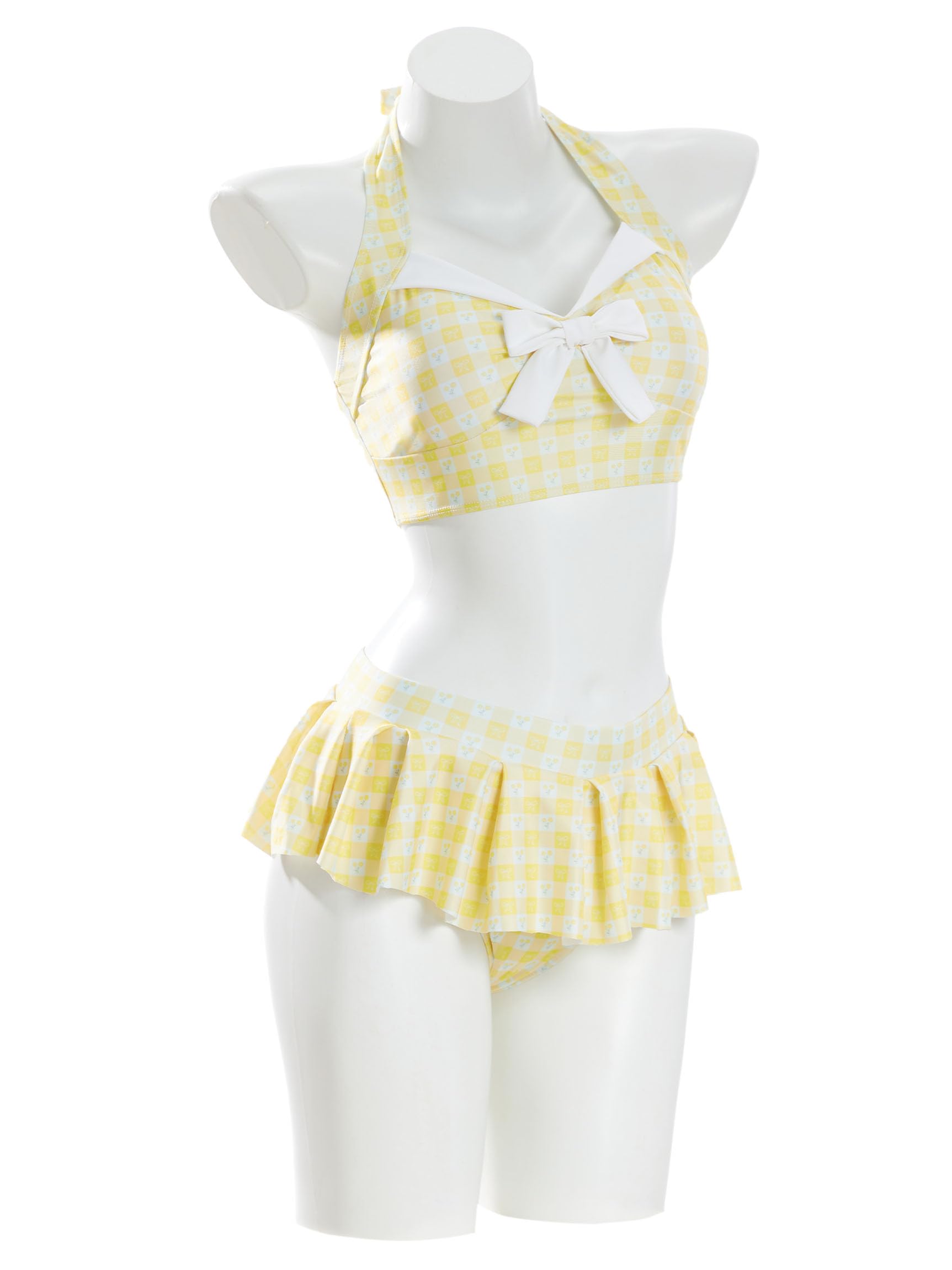 daizbella Women's Bikini Sets 50's Retro Vintage High Waist Plaid Self-Halter Bathing Suit with Headband: Yellow X-Large