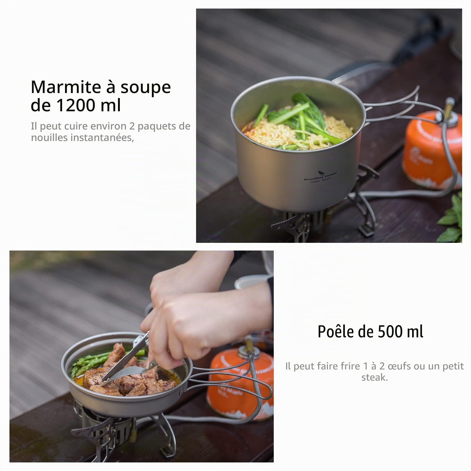 iBasingo Ensemble de casseroles en Titane Ustensiles de Cuisine de Camping Ensemble de Bols légers d'extérieur Kit de Mess de Cuisine avec poignée Pliante pour 1-2 Personnes 2 pièces/Ensemble