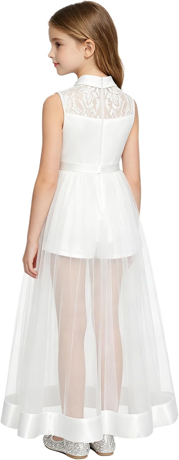 Kids Flower Girls Lace Romper Sleeveless Long Maxi Tulle Patchwork Dressy Jumpsuit