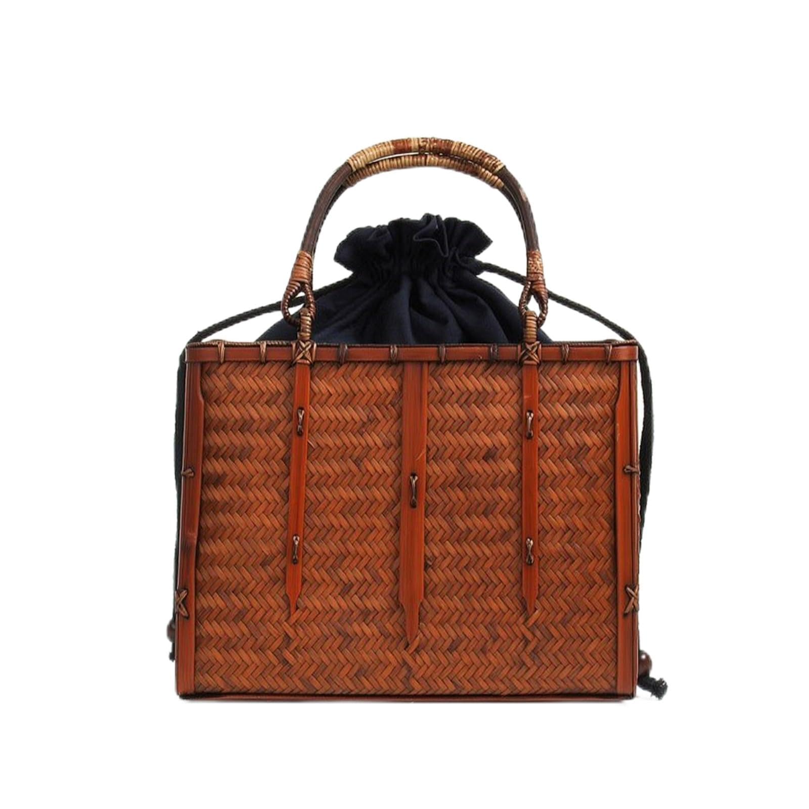 Cesta Bambú con Asa Artesanal Bolso Bambú Tejido Cesta Tejida a Mano con Forro Extraíble para Mujeres, Picnic, Playa, size to 1