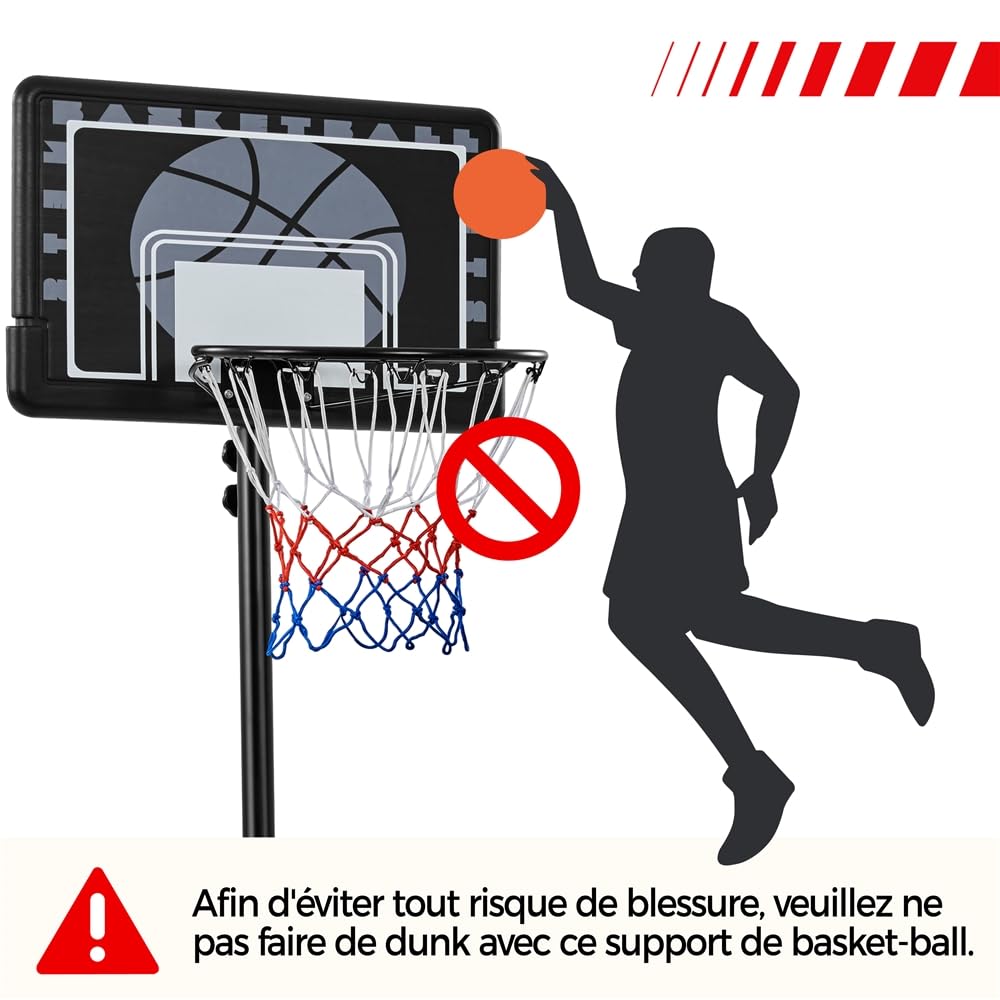 Yaheetech Panier de Basket Extérieur Portable Réglable en Hauteur 219-249/234-264 cm Panier de Basket sur Pied à roulettes avec Base de Lestage Panneau Arrière Robuste Noir