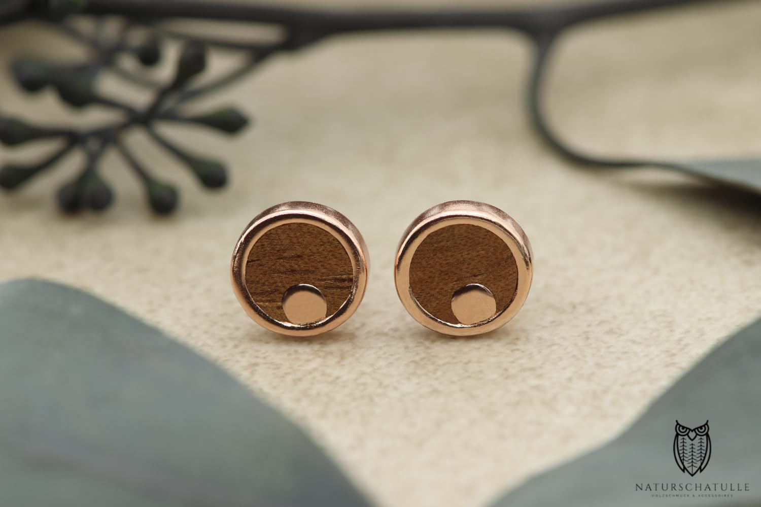 NaturSchatulle Holzschmuck Set Ohrringe Halskette Moonshine 9mm Damen Holzohrringe 925 Silber Rosegold Nussbaum Holz Ohrstecker Schmuck