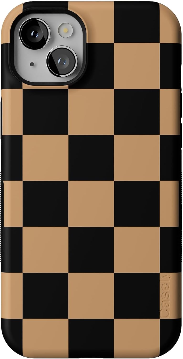 Casely iPhone 14 Case | Fit Check | Black & Brown Checkerboard | Bold Protective Design | MagSafe Compatible Design