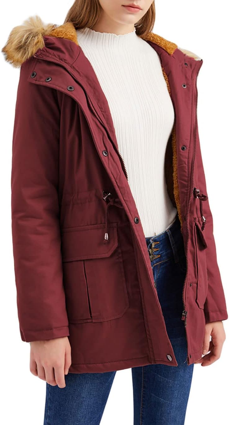 GGUHHU Womens Thick Fleece Lined Safari Jacket Drawstring Waist Anorak with Faux Fur Hood