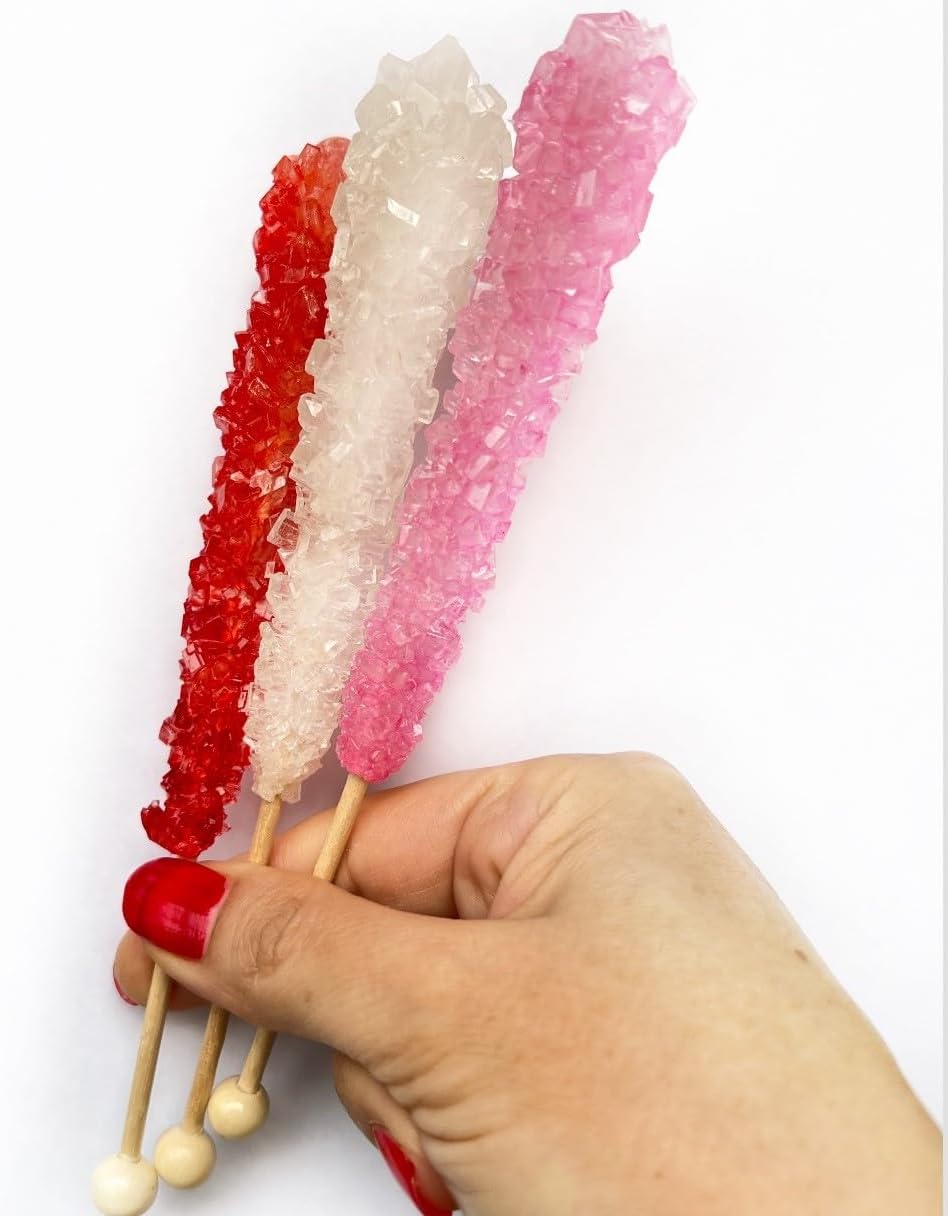 Classic Rock Candy Sticks, Sugar Rock Crystal Lollipops, Individually Wrapped (6 Count, Valentine Mix (Red Strawberry, Pink Cherry and White))