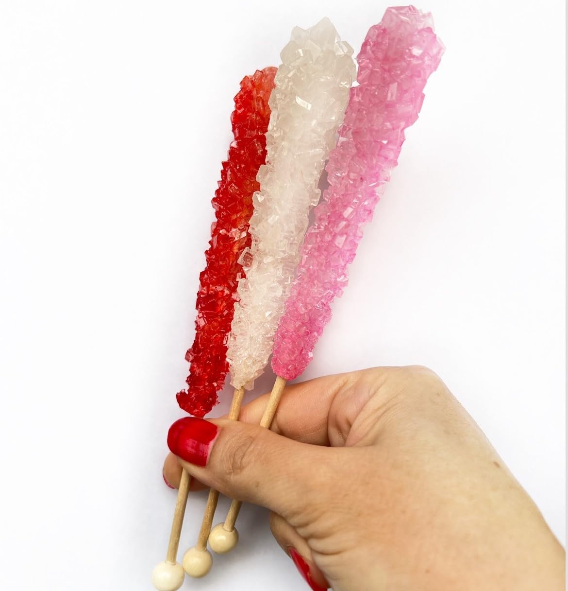 Classic Rock Candy Sticks, Sugar Rock Crystal Lollipops, Individually Wrapped (6 Count, Valentine Mix (Red Strawberry, Pink Cherry and White))