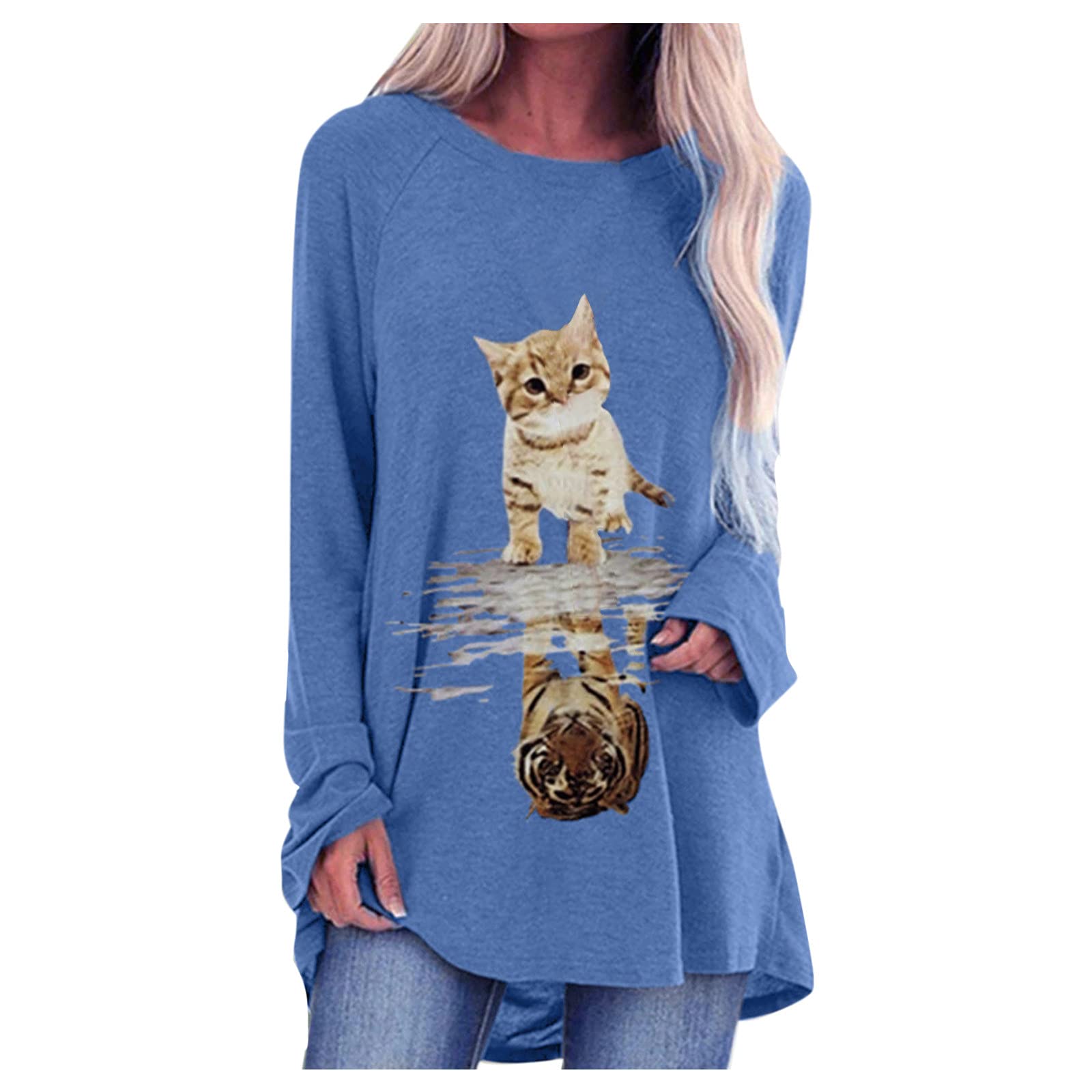 keepmore Women Long Sleeve Tunic Tops Round Neck Cute Cat and Tiger Print Sweatshirt Pullover Loose Blouse