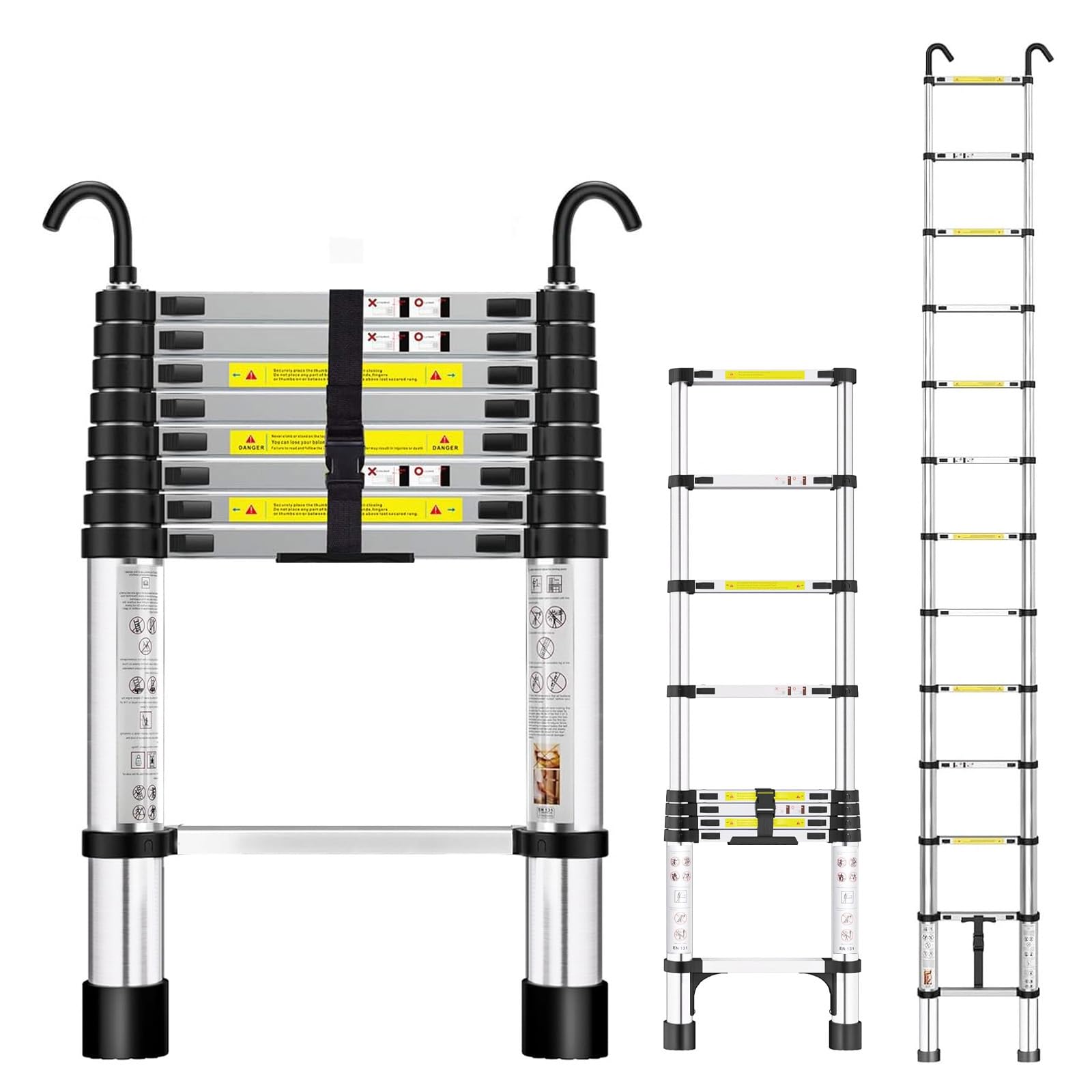 Rewing Telescopic Ladder Extendable Ladder 2.6M/8.53FT Stainless Steel Thickened High-Ladders extendable with Non-Slip Feet and Detachable Hooks, Multi Purpose Extendable for Roof Caravans Attic