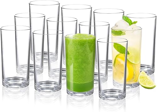 Juego de 12 vasos de plástico para beber, reutilizables, acrílicos, altos, para agua, aptos para lavavajillas, para bar, hogar, cocina, fiesta,