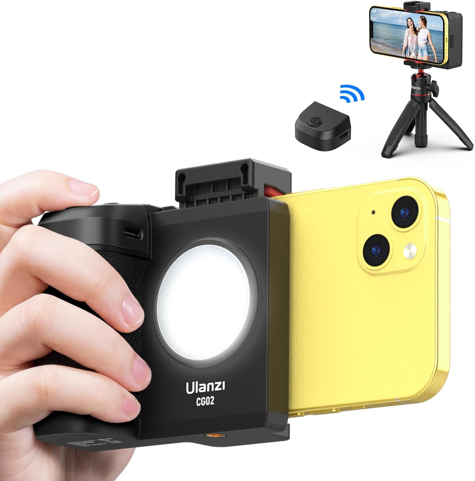 ULANZI CG02 Upgraded Smartphone Camera Shutter Handle Grip w Detachable Wireless Bluetooth Remote Control,Three-Gear Adjustable Fill Light for iPhone Samsung Google OnePlus Phones Video/Photo Shooting