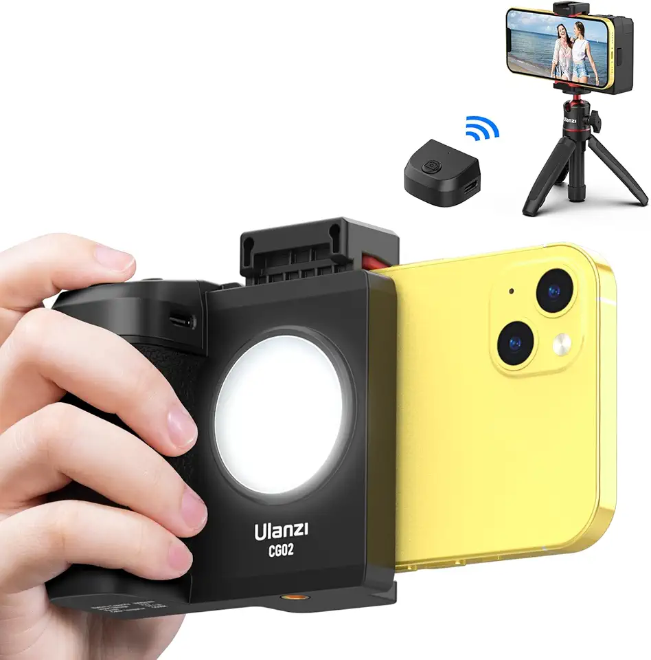 ULANZI CG02 Punho da Alça do Obturador da Câmera do Smartphone sem Graduação com Controle Remoto Sem Fio Bluetooth Destacável, Luz de Preenchimento de Três Engrenagens Ajustável para iPhone Samsung