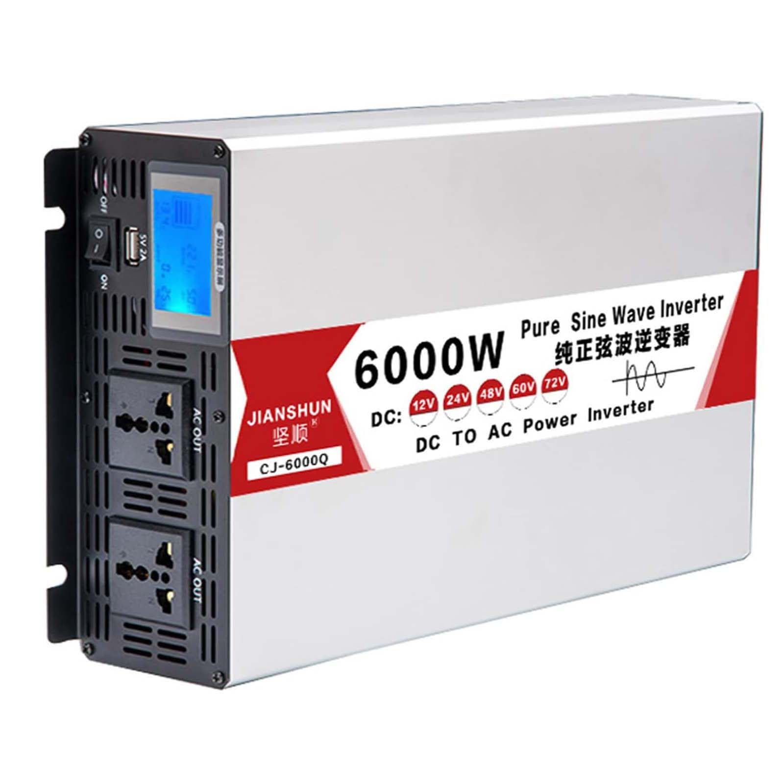 Przetwornica czystego sinusa 6000W, 12V/24V/48V/60V DC na 120V/240V AC, z wyświetlaczem LCD i podwójnym gniazdem AC, cicha praca 12V