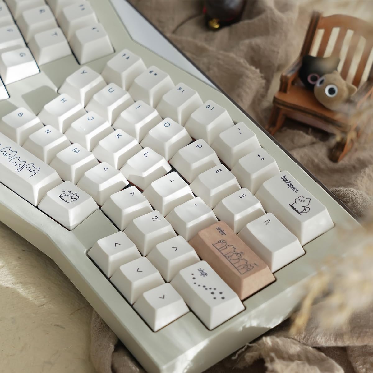 PBT Cute Cat Keycaps, Milk White Dye-Sublimation Keycap, 151 Keys Cherry Profile Keyboard Keycaps Set, Sand Dune Cat Custom Key Caps for Cherry MX Switches Mechanical Gaming Keyboard