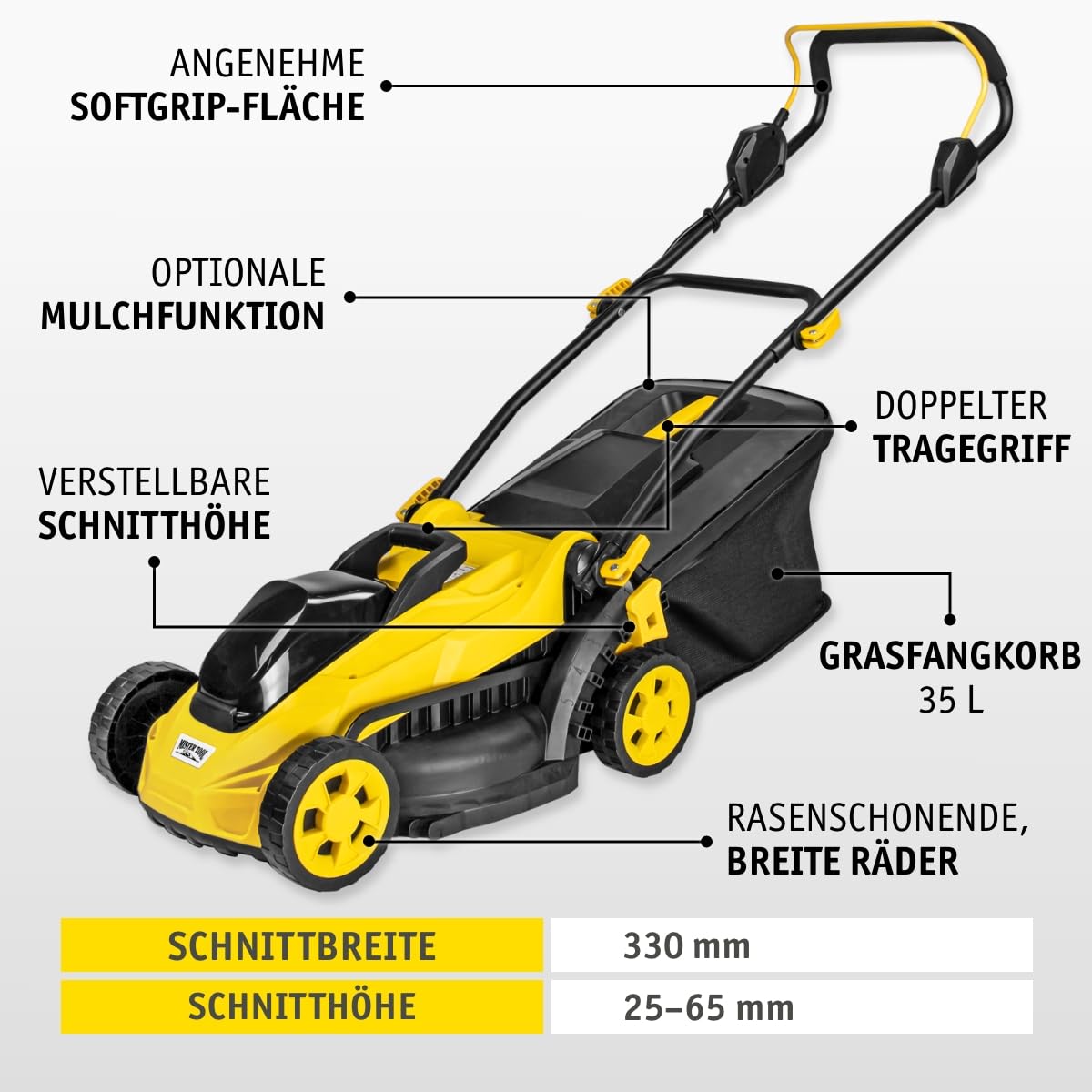 MISTER TOOL Akku-Rasenmäher 20V Brushless – 330mm Schnittbreite | Schnitthöhe 25–65mm | 35L Grasfangsack | klappbarer Griff | GS-geprüft | inkl. Akku & Ladegerät