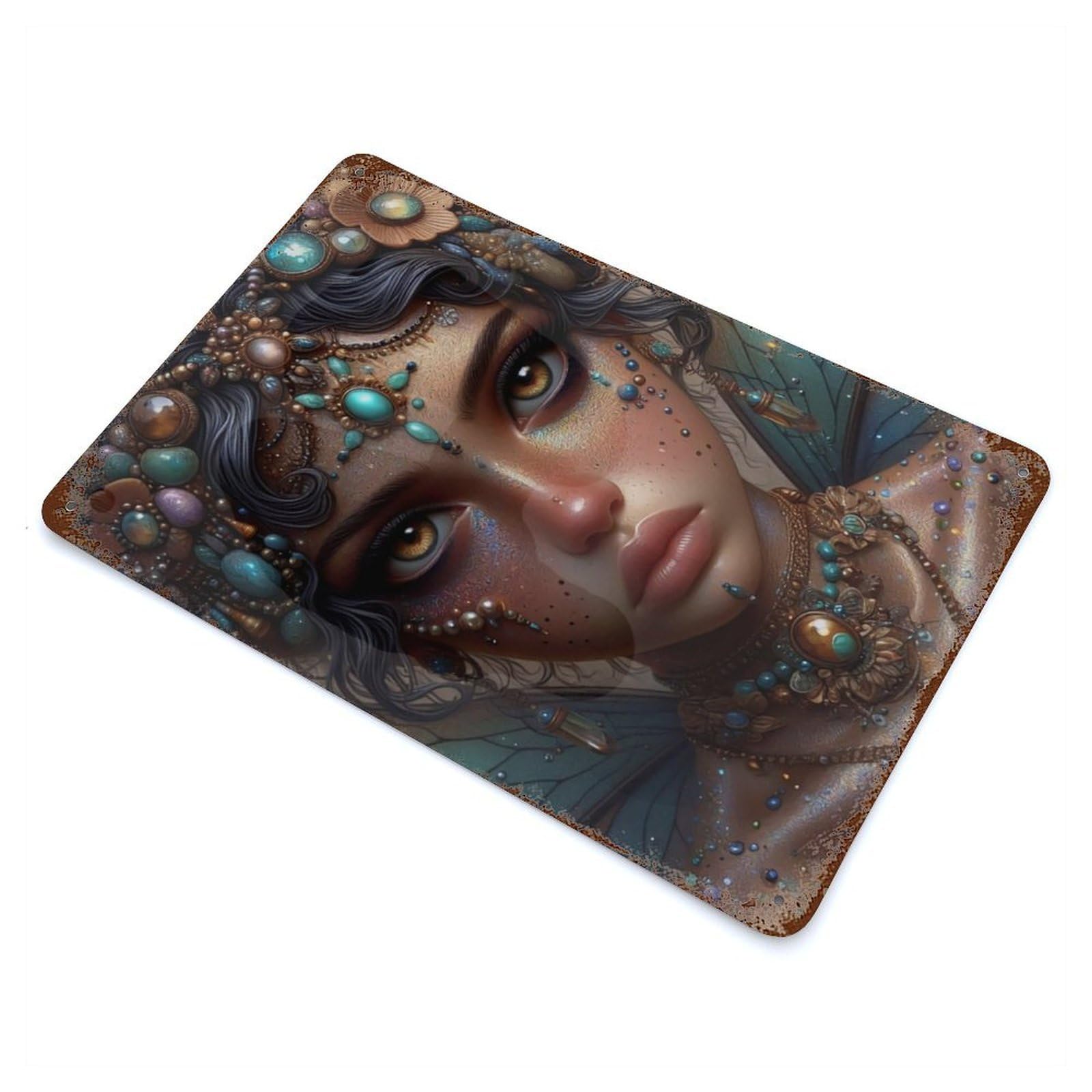 Weathered Tin Sign with Mystical Fairy Portrait Design 11.8"x7.9", for Basement, Hobby Room And Garage Decor, Industrial Home Decor