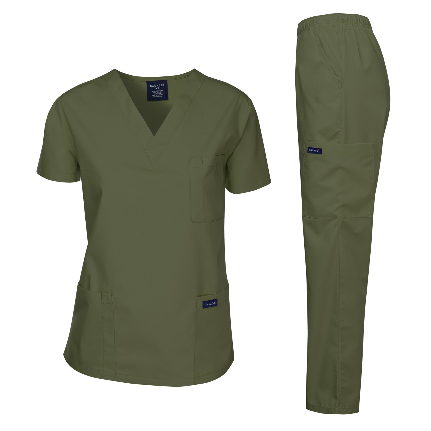 DAGACCI Women's and Men's Medical Scrubs Top and Pants Set, Olive Green, XS